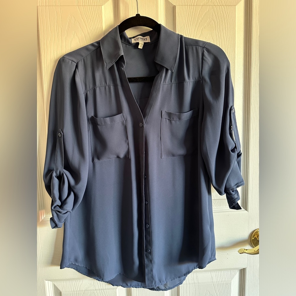 EXRESS Portofino Blue button up silky texture blouse